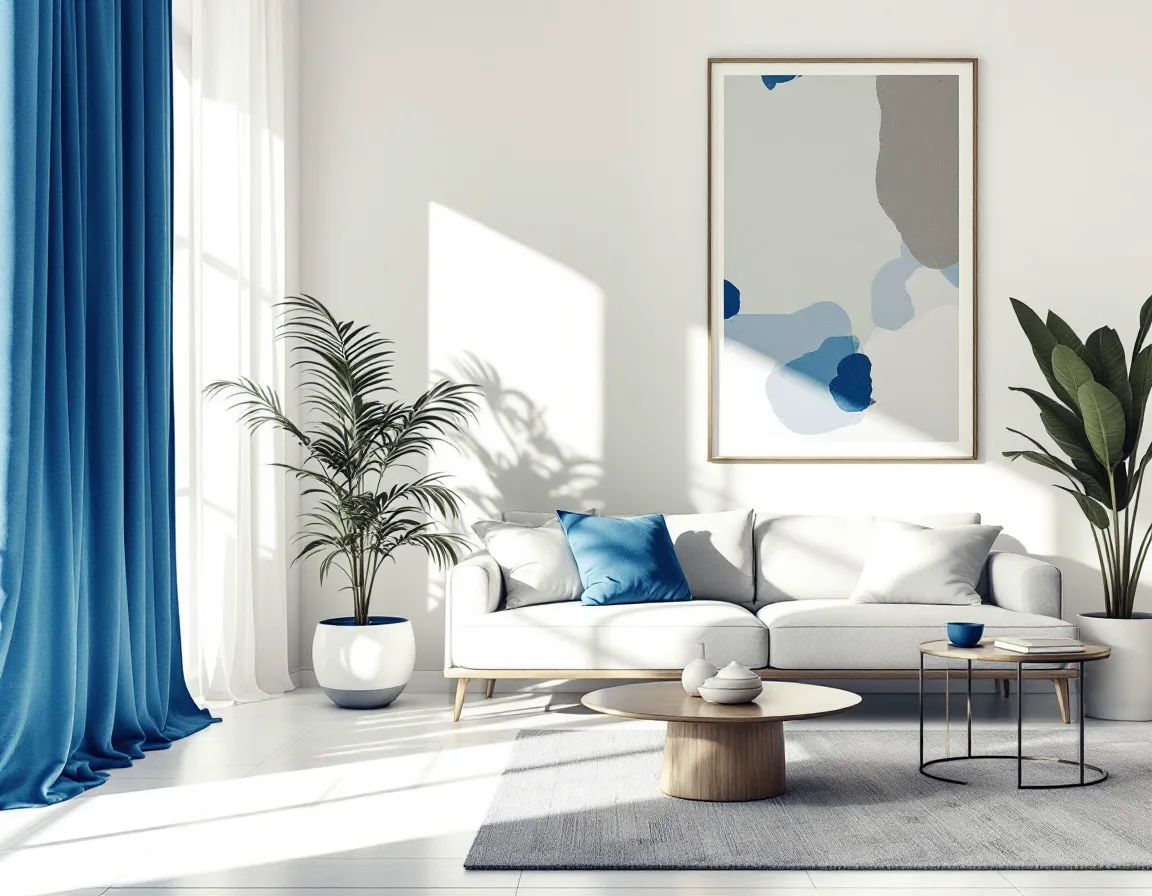 Sunlit interior render with brass and plaster finishes