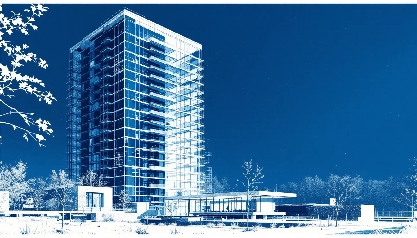 A modern building rendered half in wireframe, half in photoreal light